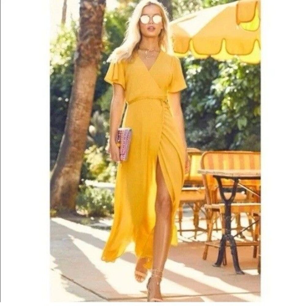 Lulus Womens Small S Mustard Wrap Flutter Sleeve Flowy Belted Maxi Dress NWT